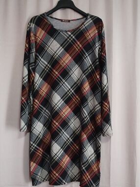 Bombom Long Sleeve Plaid Shift Dress Stretch Pullover Made In USA